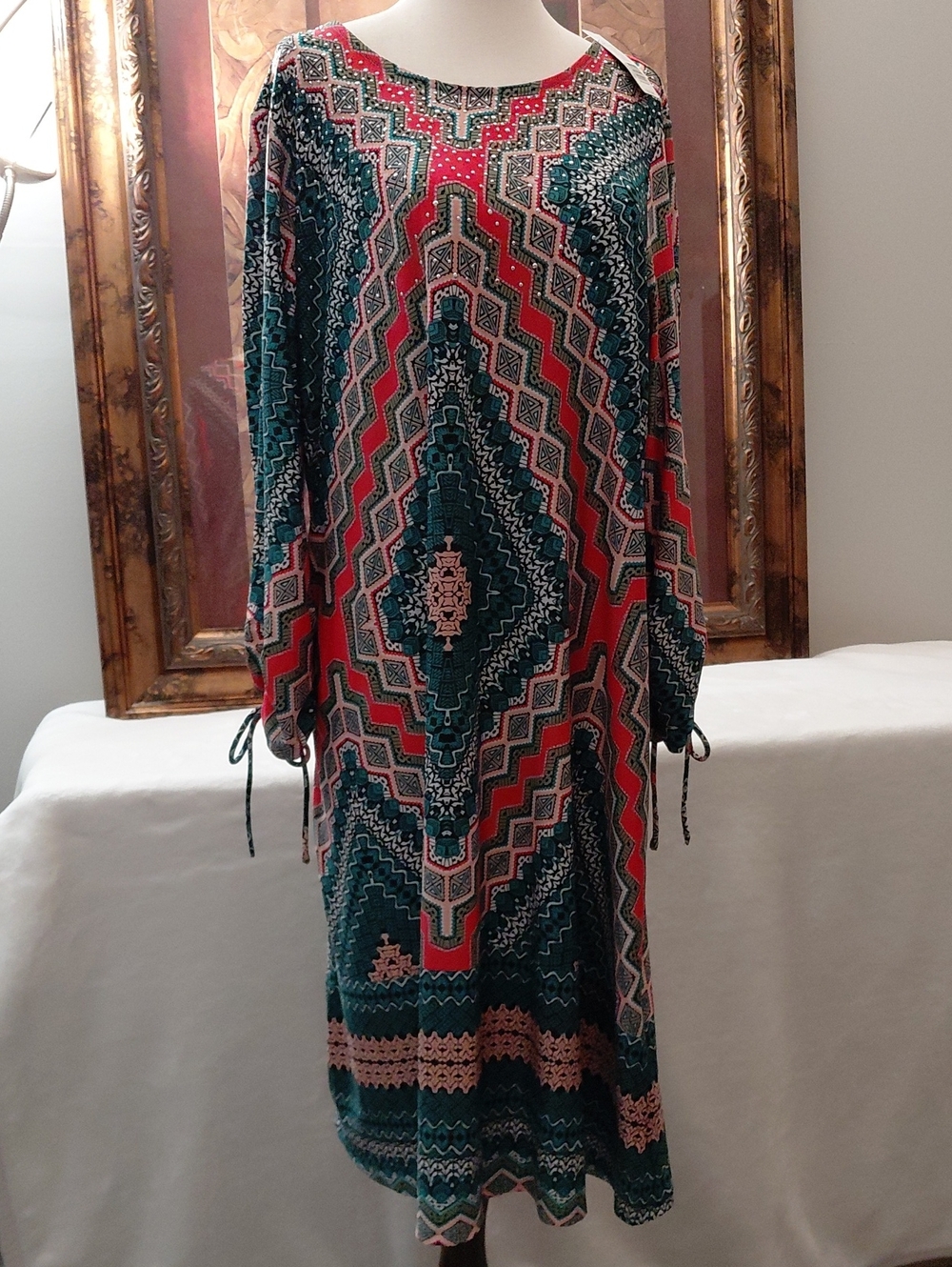 New Directions Curvy Teal and Coral Geo-Print Maxi Dress Rhinestones 1X